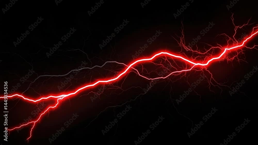 Abstract rendering of vibrant red lightning bolt strikes illuminating a dark, stark background atmosphere with crackle effects