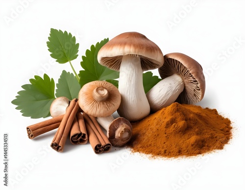 Mushrooms, Cinnamon Sticks, and Spice Powder on White Background