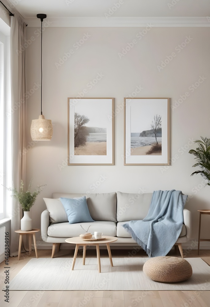 Fototapeta premium Cozy Living Room Interior with Coastal Artwork
