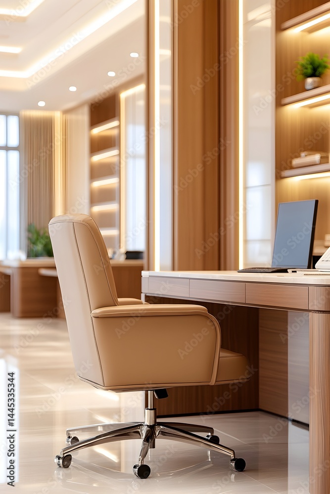 Fototapeta premium Modern office with beige leather chair, wooden desk, and built-in shelving with indirect lighting