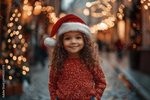 Child wearing christmas hat outdoors