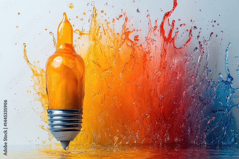 An orange liquid light bulb with colorful water explosions