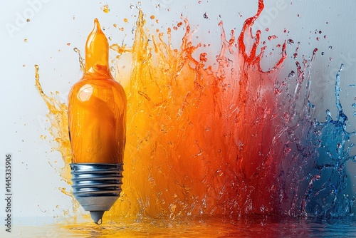 An orange liquid light bulb with colorful water explosions