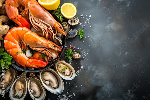 Plate of shrimp, oysters, and other seafood is arranged on a dark background