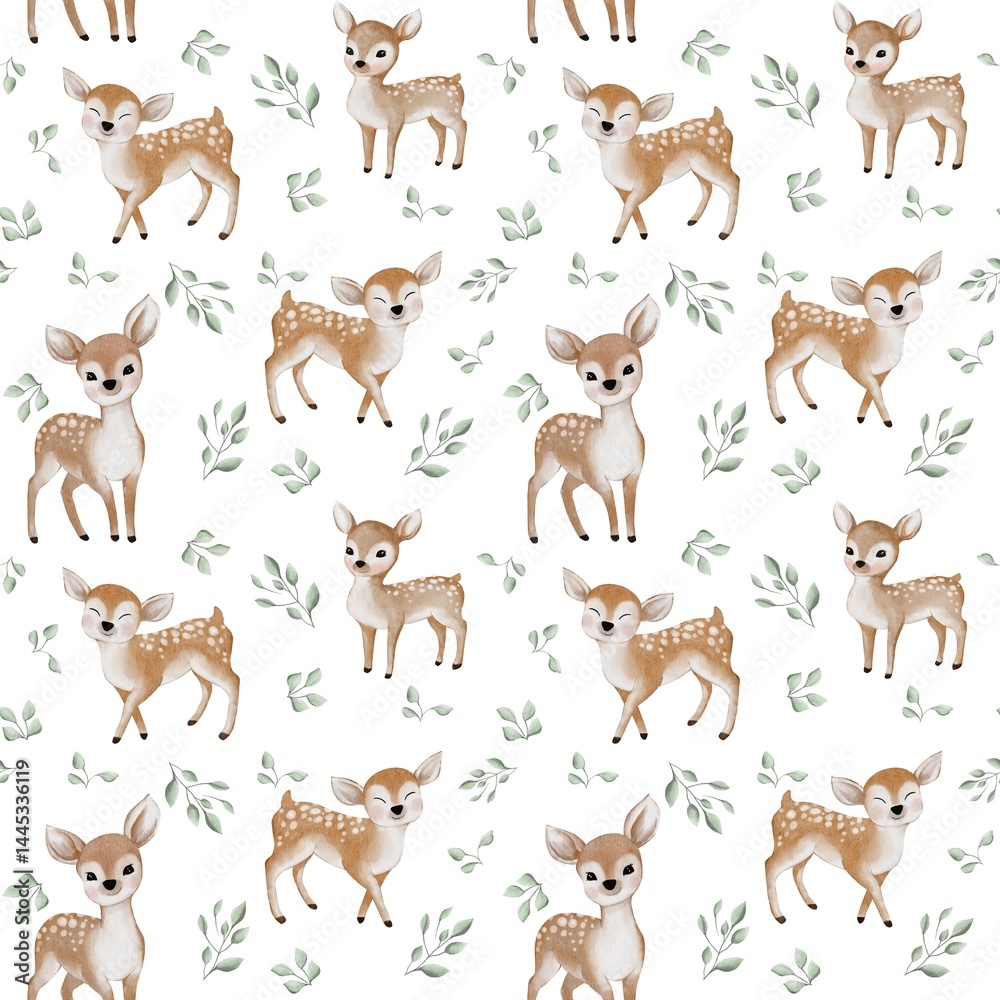 Seamless watercolor pattern featuring graceful deer and lush leaves. Seamless watercolor pattern featuring graceful deer and lush leaves.
