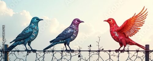 Abstract birds formed from a wire fence, representing courage , elevation, fence