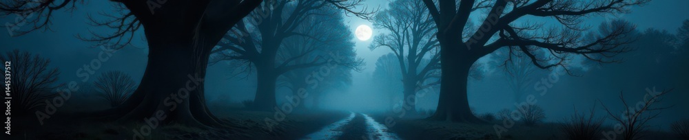 Ancient trees guard a misty path bathed in pale moonlight Halloween's haunting presence , art, old, spooky