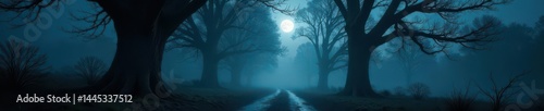Obraz na płótnie Ancient trees guard a misty path bathed in pale moonlight Halloween's haunting presence , art, old, spooky w salonie