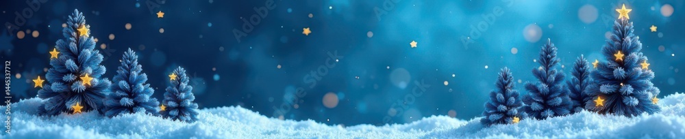 Blue Christmas trees & golden stars; festive winter design , clipart, stylish