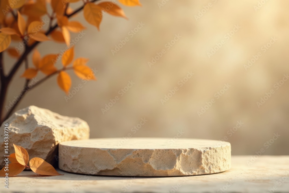 Beige rock podium, soft light, dried leaves, fuzzy backdrop, display, podium