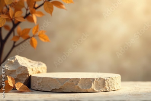 Obraz na płótnie Beige rock podium, soft light, dried leaves, fuzzy backdrop, display, podium w salonie
