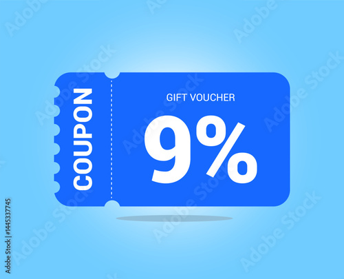 9% coupon promotion sale. Nine percent Vector Gift Voucher. Blue discount, lucky ticket, special offer promo. Web, shopping label, percent sign. Special price offers.