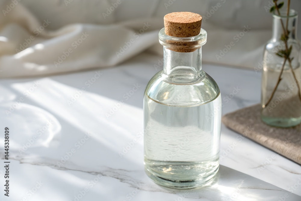 Obraz premium Transparent glass bottle with cork cap on white surface