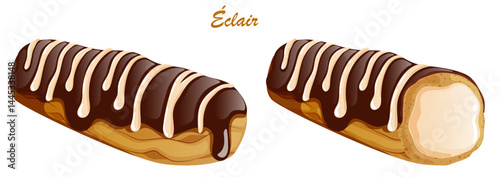 Chocolate Eclair Whole & Bitten. Chocolate Glaze and Cream Drizzle on Choux pastry with Chiboust Cream Filling. Traditional French Dessert Vector Art