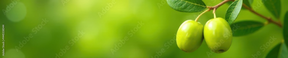 Cluster of glistening green olives and tender leaves, pristine backdrop , food styling, fruit, greenery