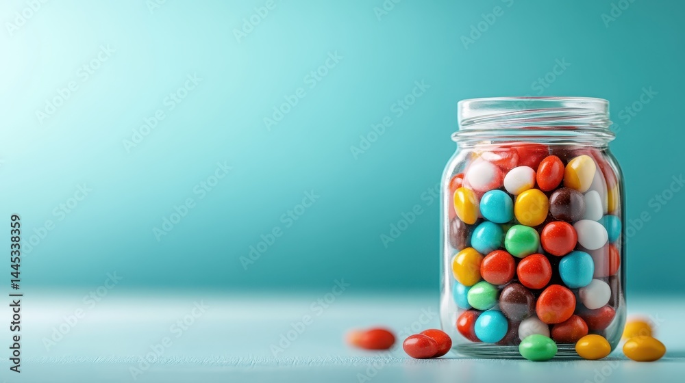 A beautifully arranged jar of candies in assorted colors on a table, encapsulating the joy of sweets and creating a cheerful atmosphere with its vibrant appearance. A beautifully arranged jar of candies in assorted colors on a table, encapsulating the joy of sweets and creating a cheerful atmosphere with its vibrant appearance.