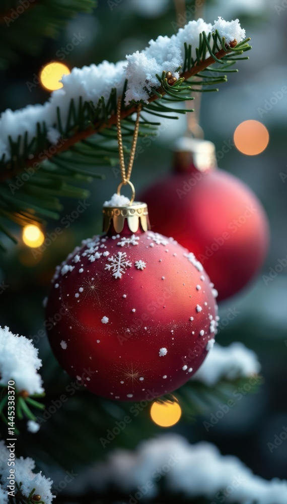 Close-up glittering ornaments, snowy branches , celebratory, new year, ornaments