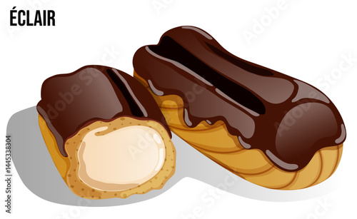 French Choux Pastry Bitten and Whole. Éclair with Chocolate Glaze and Chiboust Cream Filling. Isolated Sweet Illustration