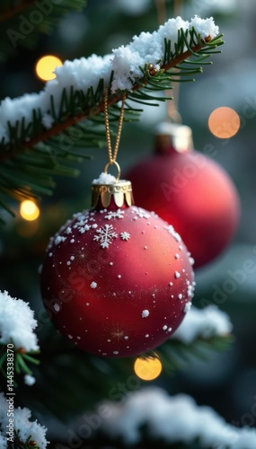 Close-up glittering ornaments, snowy branches , celebratory, new year, ornaments
