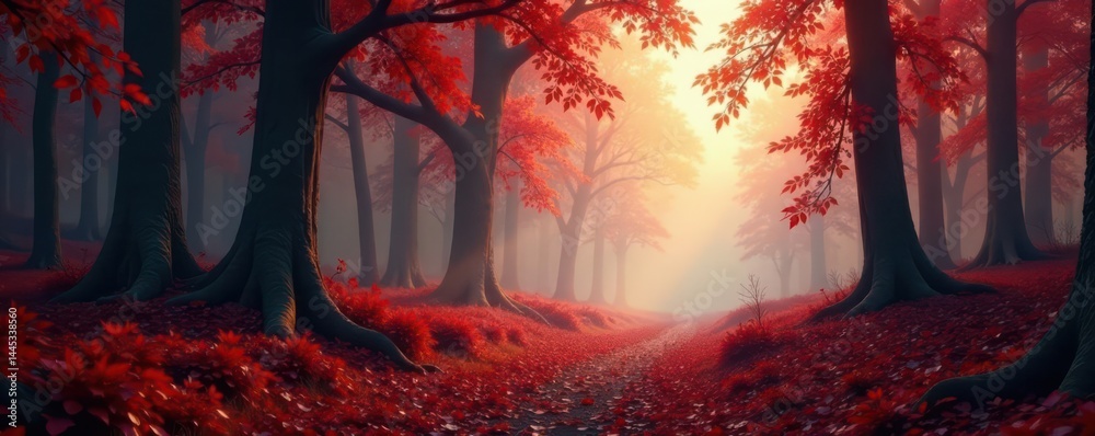 Crimson and russet hues paint ancient woodland, mist hangs low, nature, habitat