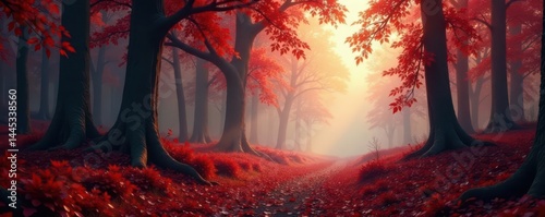 Obraz na płótnie Crimson and russet hues paint ancient woodland, mist hangs low, nature, habitat w salonie
