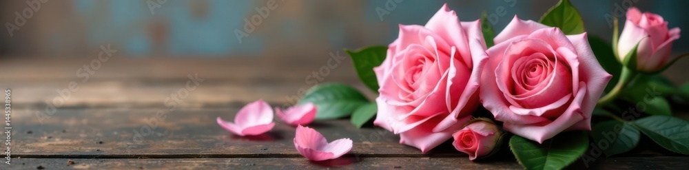 Delicate pink roses, lush petals, soft focus, vintage wooden background , floral, macro, botany