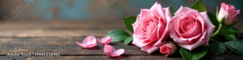 Obraz na płótnie Delicate pink roses, lush petals, soft focus, vintage wooden background , floral, macro, botany w salonie