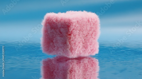 A minimalist pink logo presenting an open cube crafted from thick plush material, surrounded by waves, floating on water with a blue background in a high-resolution scene.
