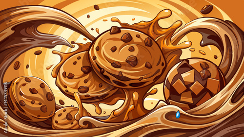 Crunchy cookies tumble into a wave of glossy chocolate.
Each chip gleams amid the swirling, creamy splash.
The motion adds energy to this tasty scene.
Ideal for dynamic, mouthwatering vector design.


