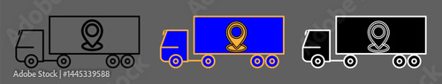 Freight delivery semi-truck icon with map pin for GPS tracking and transportation logistics – transparent background