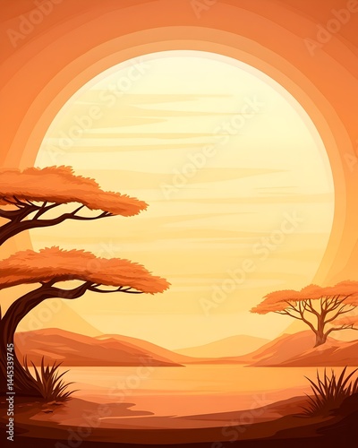 Sunset over savanna with acacia trees and calm water