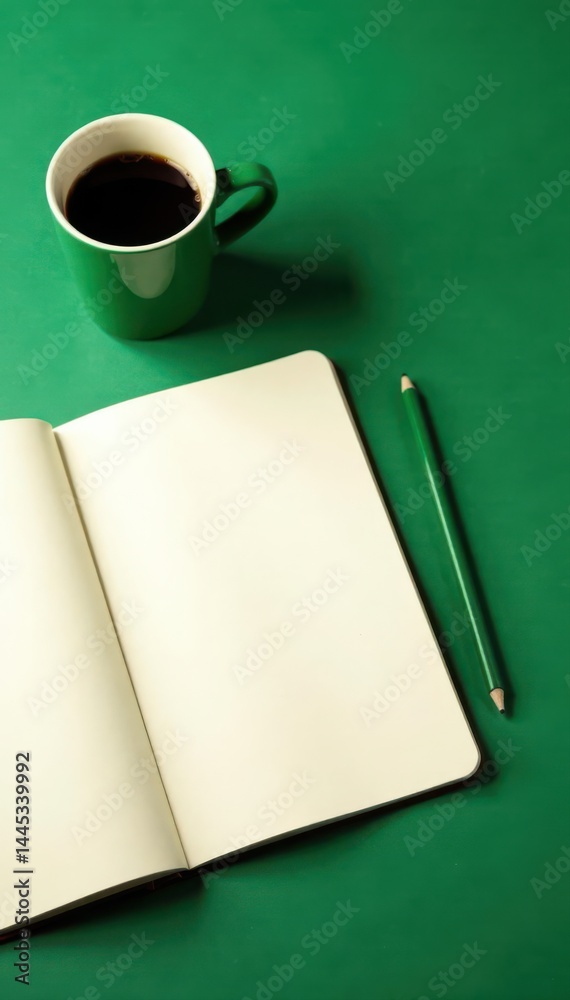 Empty notebook, coffee, green backdrop Creative flatlay scene, top view , design, paper, template