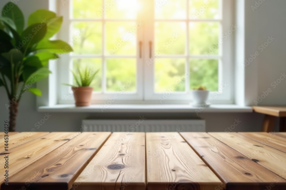 Empty wooden table, blurred white interior, window light , e-commerce, cozy