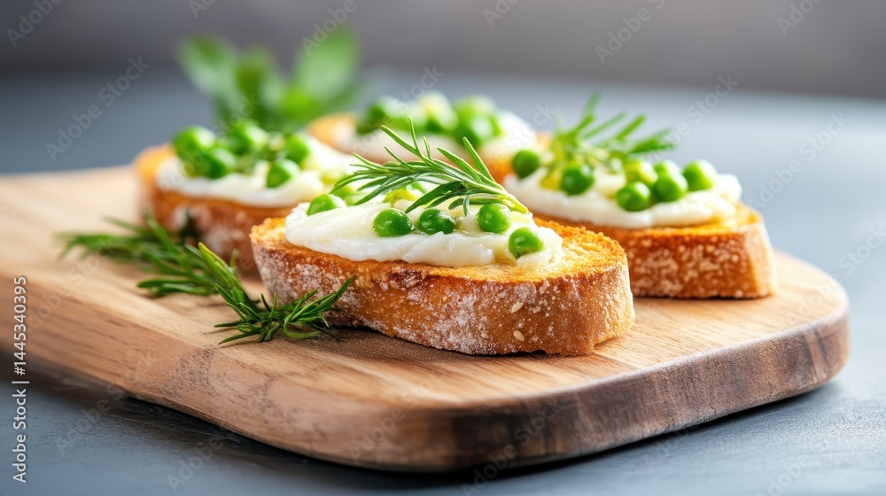 This vibrant appetizer features toasted bread topped with creamy spread and fresh green peas, garnished with herbs, emphasizing rustic charm and culinary artistry. This vibrant appetizer features toasted bread topped with creamy spread and fresh green peas, garnished with herbs, emphasizing rustic charm and culinary artistry.