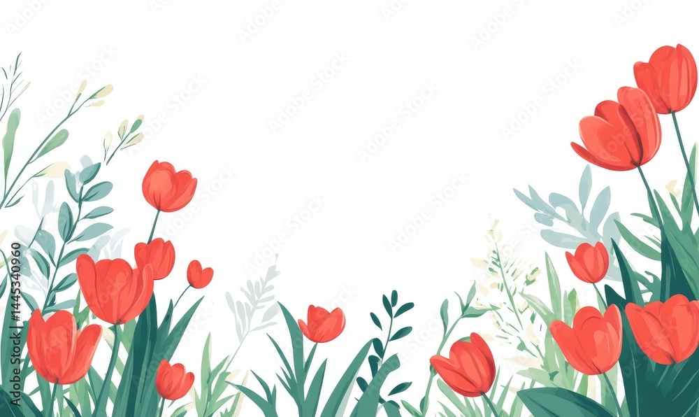 Vibrant tulips and foliage in contemporary design. AI generated illustration. Vibrant tulips and foliage in contemporary design. AI generated illustration.