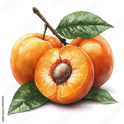 illustration of Apricot Halved With Seed Visible, watercolor vector, isolated on a white background.