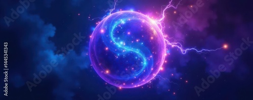 Intense swirling electric discharge, glowing blue and purple, creates luminous orb , blue, purple, thunderbolt