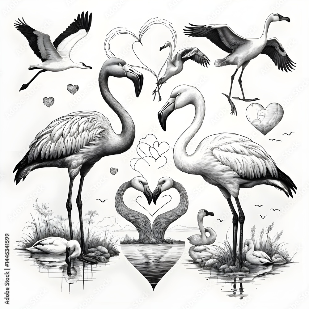 Obraz premium Romantic Flamingo Couple with Swans and Cranes in Monochrome