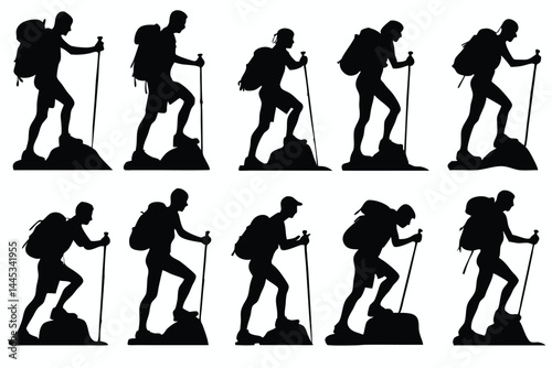 silhouettes of hikers and mountain climbers
