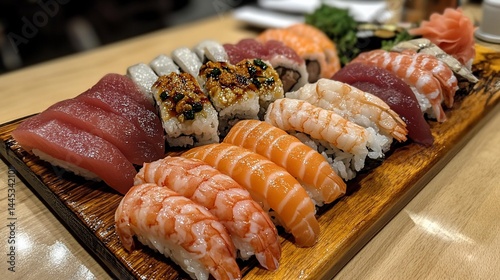 Wallpaper Mural Platter of assorted sushi rolls and nigiri, presented on a wooden board Torontodigital.ca