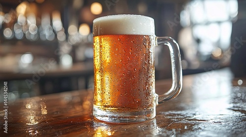 Cold amber beer in a glass mug on a bar