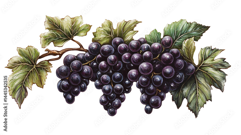 Obraz premium Dark Purple Grapes Cluster with Green Leaves on White Background