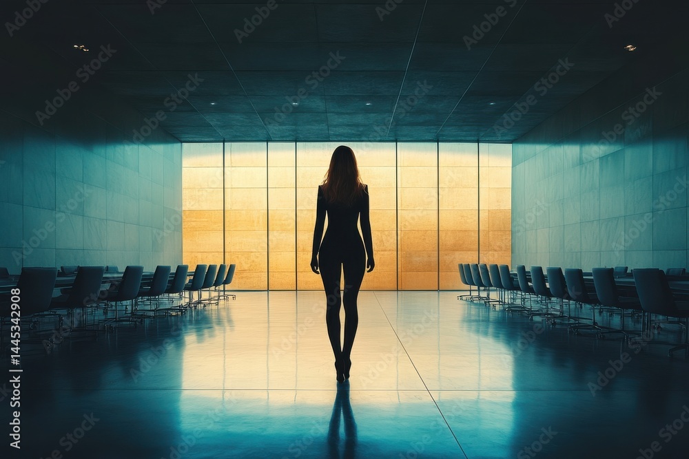 Obraz premium Woman silhouetted walking towards sunset in a modern glass building cool tones reflective floor