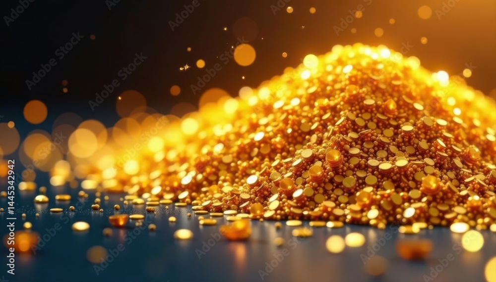Pile of dazzling gold paillettes, close-up view, paillette, background