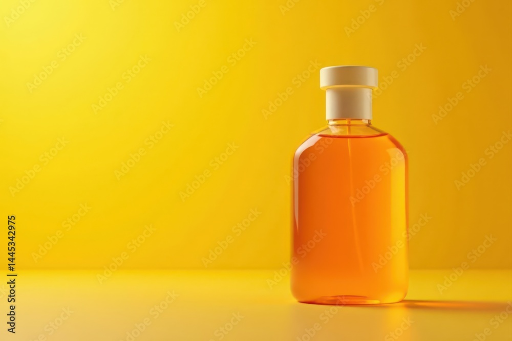 Radiant orange oil, sleek bottle, warm yellow backdrop , closeup, still life, product