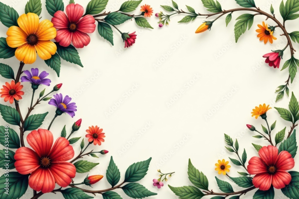 Rustic floral banner, wildflowers & vine leaves, meadow, leaves