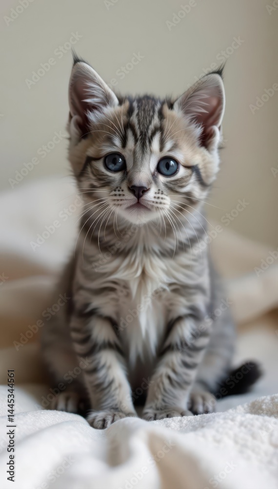 Sweet gray kitten sitting, soft fur, clean background , animal, animal portraits, cats
