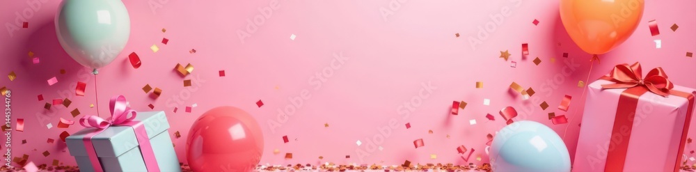 Vibrant gifts, balloons, confetti burst on pink backdrop, celebratory, colorful background