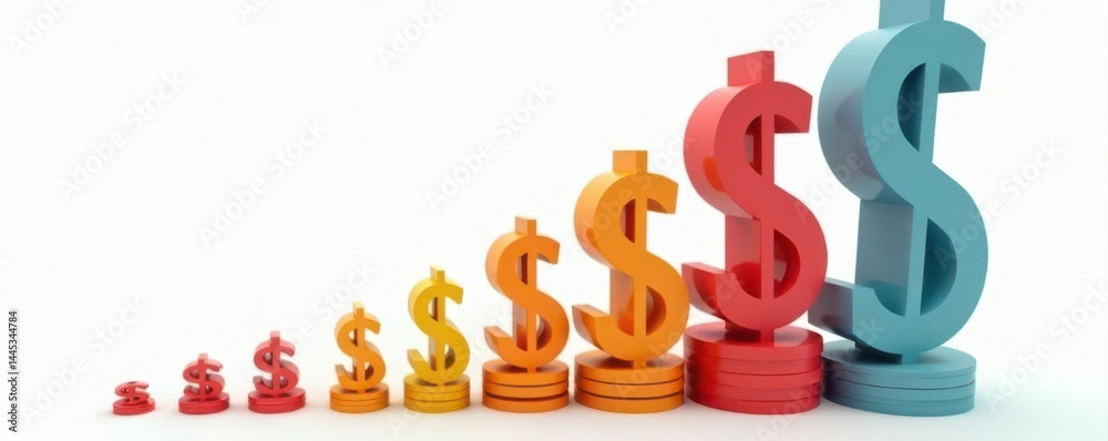 Vertical stacks of dollar signs, increasing size, white backdrop, saving, profit