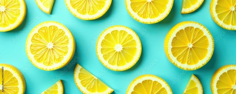 Vibrant blue backdrop, sliced lemons form a cheerful repeating pattern , fresh lemons, fruit, vibrant
